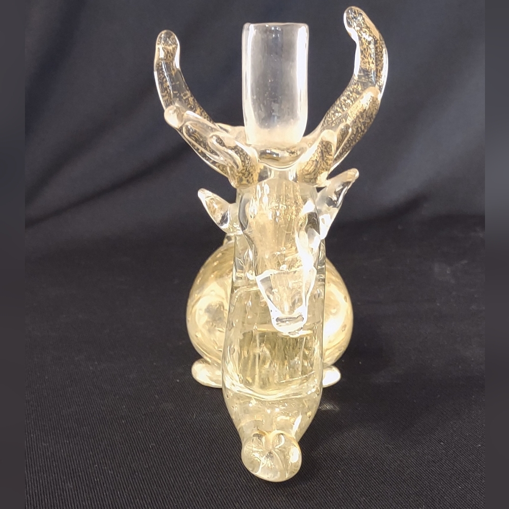 Mid Century Murano Italy Glass Gold Flecked Controlled Bubble Deer Candleholder - Picture 4 of 6